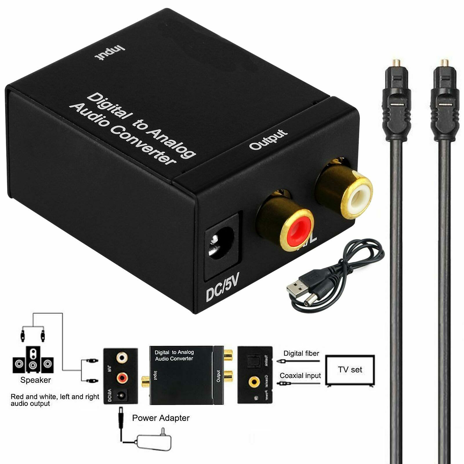 Optical Coaxial Toslink Digital to Analog Audio Converter Adapter RCA L ...